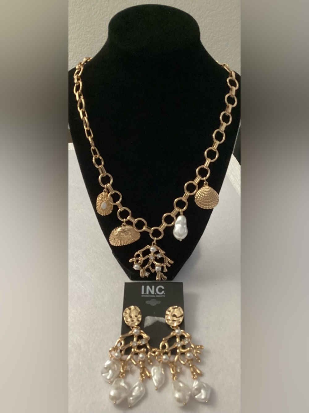 I.N.C. Gold-Tone Crystal & Imitation Pearl Reef Statement Necklace & Earring Set